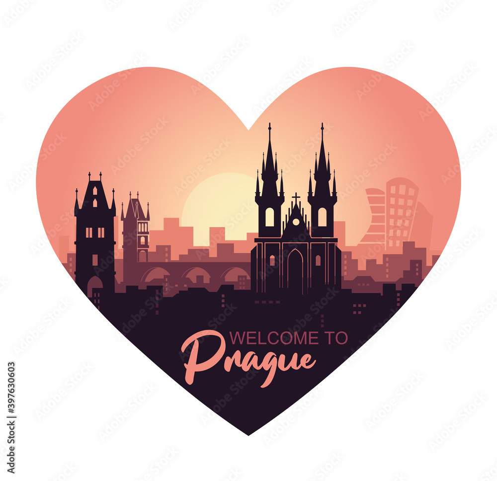 Stylized landscape of Prague with the main sights at sunset in the form of a heart