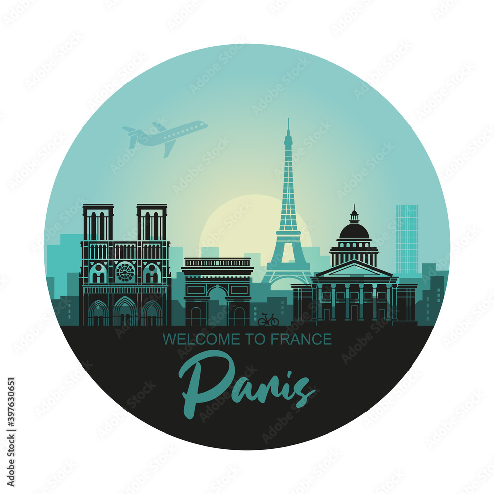 Stylized round landscape of Paris with Eiffel tower, arc de Triomphe and Notre Dame Cathedral - obrazy, fototapety, plakaty 