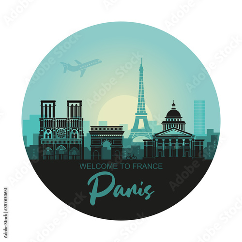 Stylized round landscape of Paris with Eiffel tower, arc de Triomphe and Notre Dame Cathedral