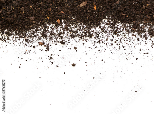 Soil Dirty earth on white background. Natural soil texture