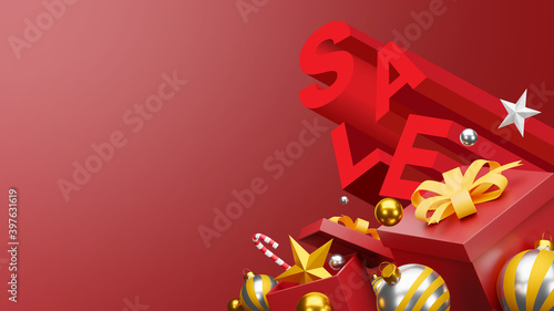 christmas and happy new year sale banner design. space for text. 3D illustration photo