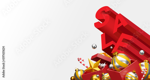 christmas and happy new year sale banner design. space for text. 3D illustration photo