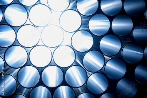 Abstract background of steel pipes stacked on a pallet