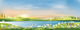 Spring landscape morning in village with green meadow on hills,orang and blue sky, Vector cartoon Summer or Spring panorama view by the lake,Countryside with river,green field,wild flowers and sunset