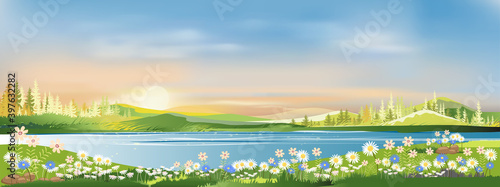 Spring landscape morning in village with green meadow on hills,orang and blue sky, Vector cartoon Summer or Spring panorama view by the lake,Countryside with river,green field,wild flowers and sunset