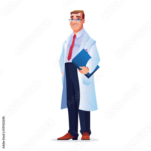 Elderly doctor in glasses, folder for stories of patients in hands isolated. Vector physician in white gown, strict clothes with tie, shirt and trousers. Practitioner or pediatrician, therapist man
