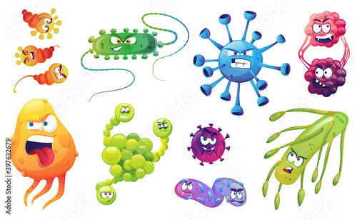 Set of angry bacteria, microbes and germs isolated color cartoon microorganisms. Vector viruses organism funny emoticons isolated on white. Oblong bacterial pathogen characters, biological monsters