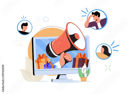 Referral marketing concept, flat tiny persons vector illustration. Successful advertising strategy and online business.