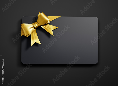 White credit or gift card with red ribbon isolated on blue background - 3D illustration