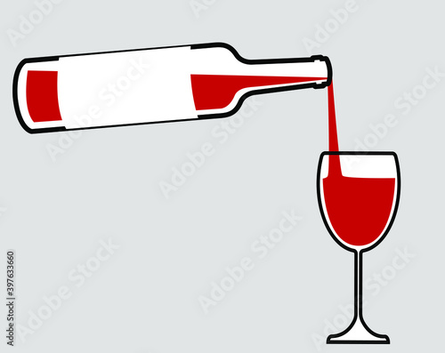 The image of the red wine bottle and wine glass. Wine from the bottle is poured into a transparent glass. Stok vector illustration