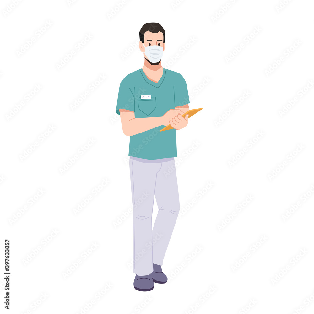 Surgeon or general practitioner wearing protective facial mask writing on papers on clipboard. Medical worker or family doctor, isolated cartoon character working in clinics. Vector in flat style Surgeon or general practitioner wearing protective facial mask writing on papers on clipboard. Medical worker or family doctor, isolated cartoon character working in clinics. Vector in flat style