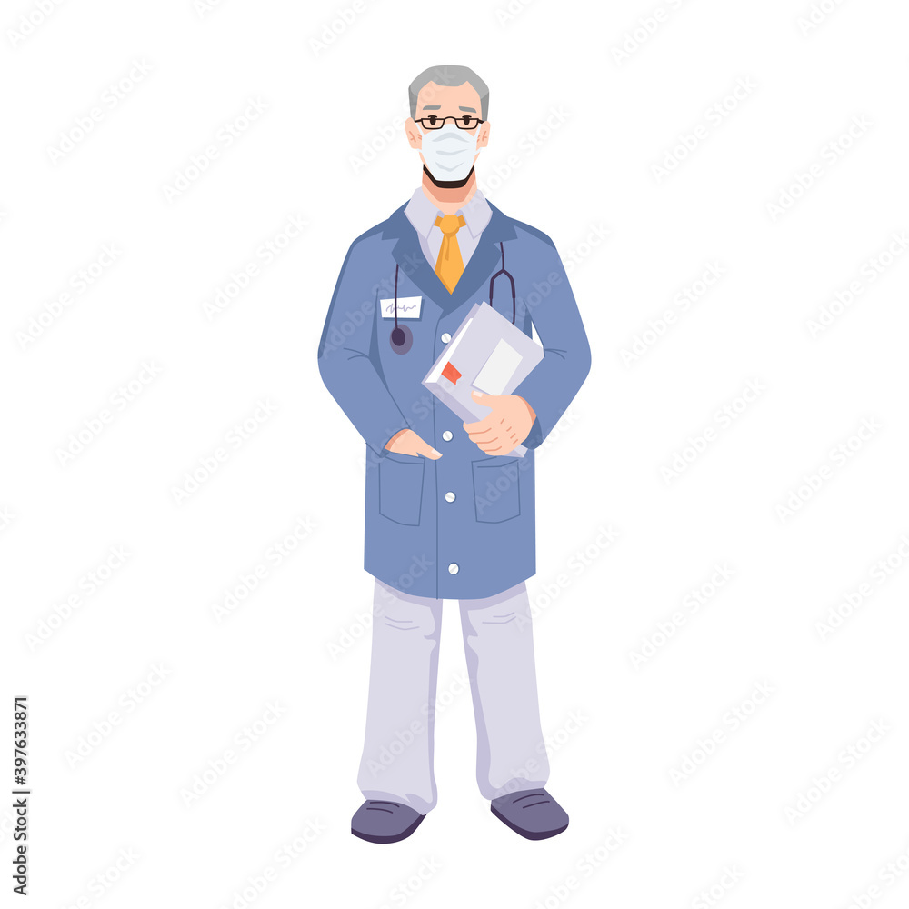 Elderly doctor wearing protective facial mask and stethoscope, holding file with documents. General practitioner or experienced surgeon isolated. Family doc cartoon character, vector in flat style