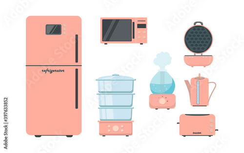 Kitchen and house appliances: microwave, refrigerator, toaster,steamer, kettle, waffle iron, humidifier air diffuser. Flat style. Group of household appliances. Vector.