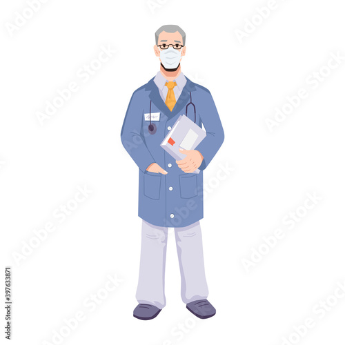 Elderly doctor wearing protective facial mask and stethoscope, holding file with documents. General practitioner or experienced surgeon isolated. Family doc cartoon character, vector in flat style