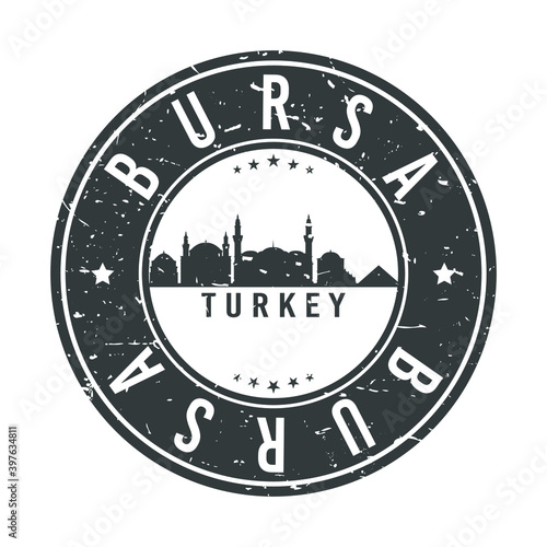 Bursa, Turkey Skyline Stamp. Round Postmark Icon City Design. Vector Landmark Travel Badge.