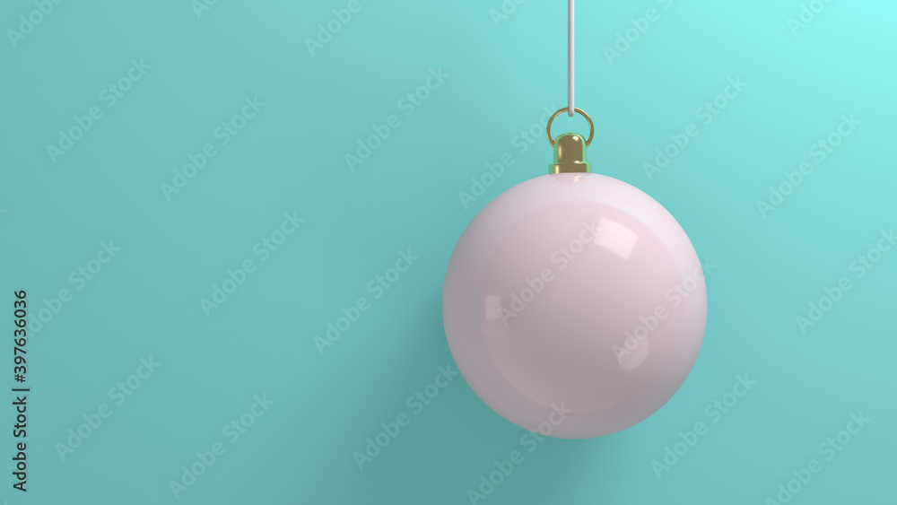 Merry Christmas and new year background with a hanging white and glossy Christmas ball against a greenish background. Copy space available for your content. Merry Christmas and new year background with a hanging white and glossy Christmas ball against a greenish background. Copy space available for your content.