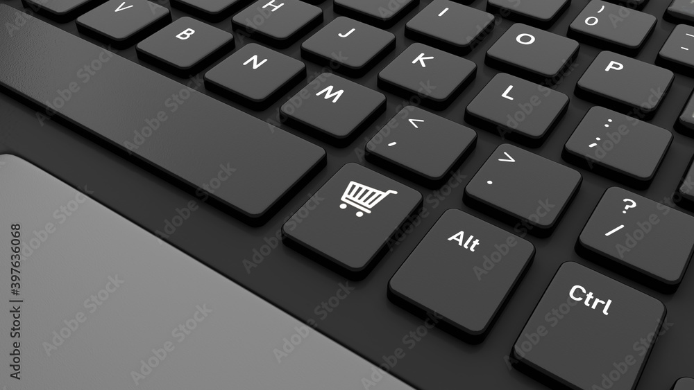 Close-up of a black keyboard with a shopping cart icon. E-commerce concept Online shop -The button for purchases on the keyboard . 