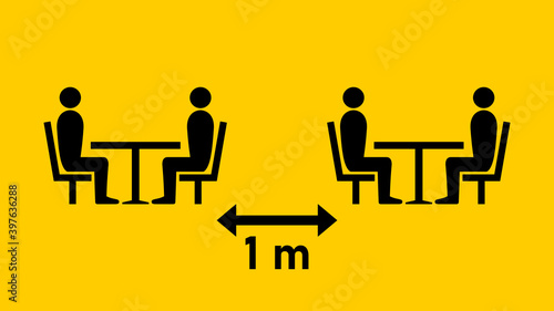 Social Distancing Keep a Safe Distance of 1 m or 1 Meter between the Tables in Cafe or Restaurant Icon. Vector Image.