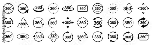Set 360 degrees view sign, icons with arrows to indicate the rotation or panorama to 360 degrees - stock vector