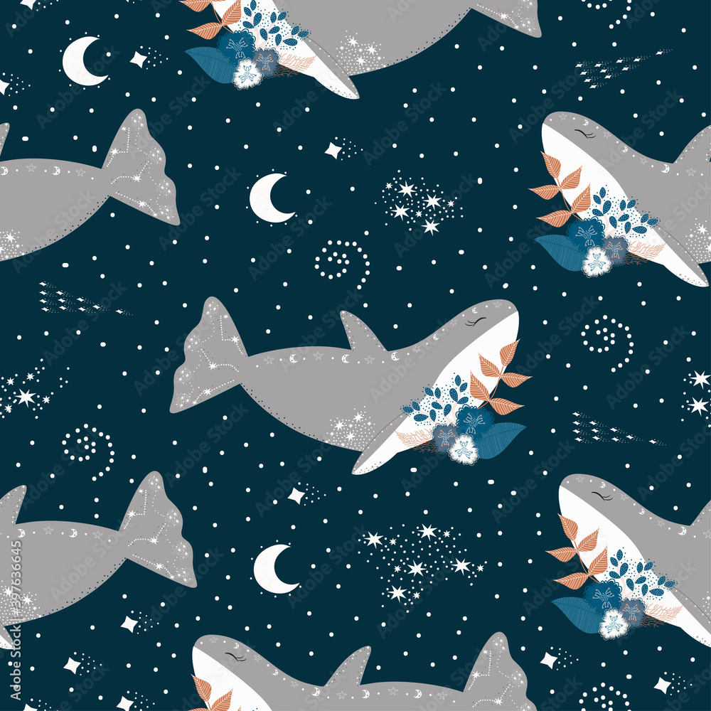 Dolphins in the night space sky with stars, vector illustration seamless pattern