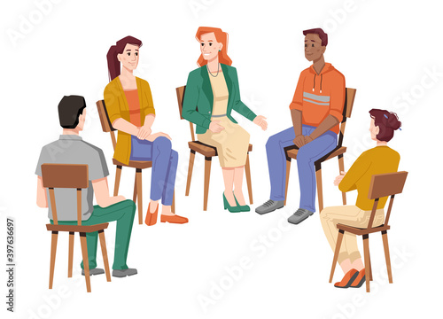 People communicating in group therapy, isolated circle of men and women from different races talking about problems and troubles in life. Psychological help and support. Vector in flat style