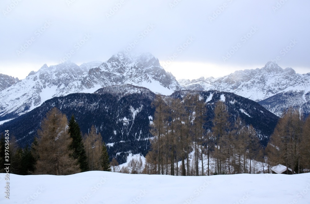 Winter mountain view from area around Monte Elmo/Helm in Dolomites, Italy, Puster Valley/Alta Pusteria, South Tyrol.