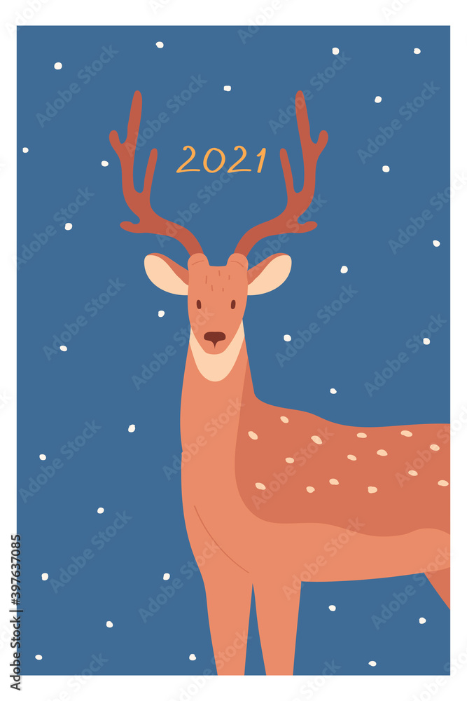 Christmas and New Year greeting card with a deer. Cartoon style character. Vector illustration in flat style.