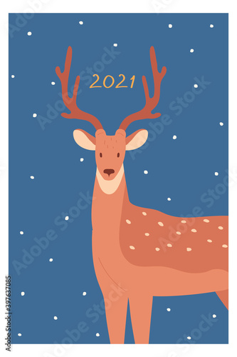 Christmas and New Year greeting card with a deer. Cartoon style character. Vector illustration in flat style.