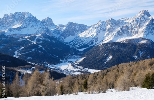 View of the largest rock sundial in the world Sesto and Val Fiscalina /Fischleintal in winter scenery. Dolomites, Italy, Puster Valley / Alta Pusteria, South Tyrol.