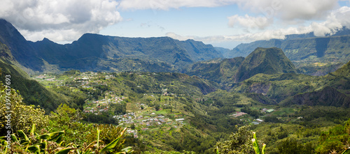 Panorama on the mountain peaks of Reunion Island in the Cirque of Salazie