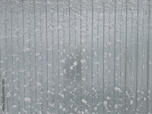 A metal wall with snow sticking to it. Winter background. Galvanized iron raised shiny surface of the fence with the snow.