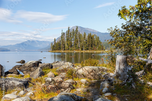 Emerald Island View in Lake Wenatchee State Park from the shore during the Autumn season