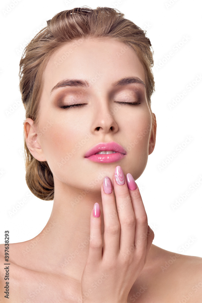 Beautiful Young Woman with Clean Fresh Skin. Close up Portrait. Fashion Model Girl Face. Perfect Skin. Professional Makeup. sexy gloss lips. Perfect manicure. Beautiful Young Woman with Clean Fresh Skin. Close up Portrait. Fashion Model Girl Face. Perfect Skin. Professional Makeup. sexy gloss lips. Perfect manicure.