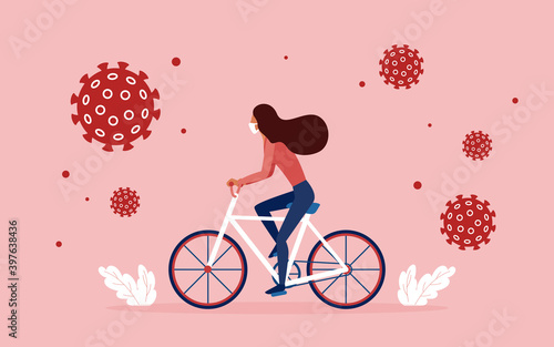 Girl wearing medical mask protecting against coronavirus, riding bicycle vector illustration. Cartoon woman character cycling outdoor, using protective measures, covid19 prevention concept background