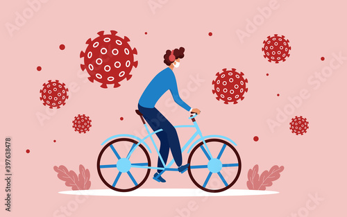 Coronavirus protection concept vector illustration. Cartoon man cyclist character in medical mask cycling, protecting face from viral infection cells with mask, pandemic prevention measure background