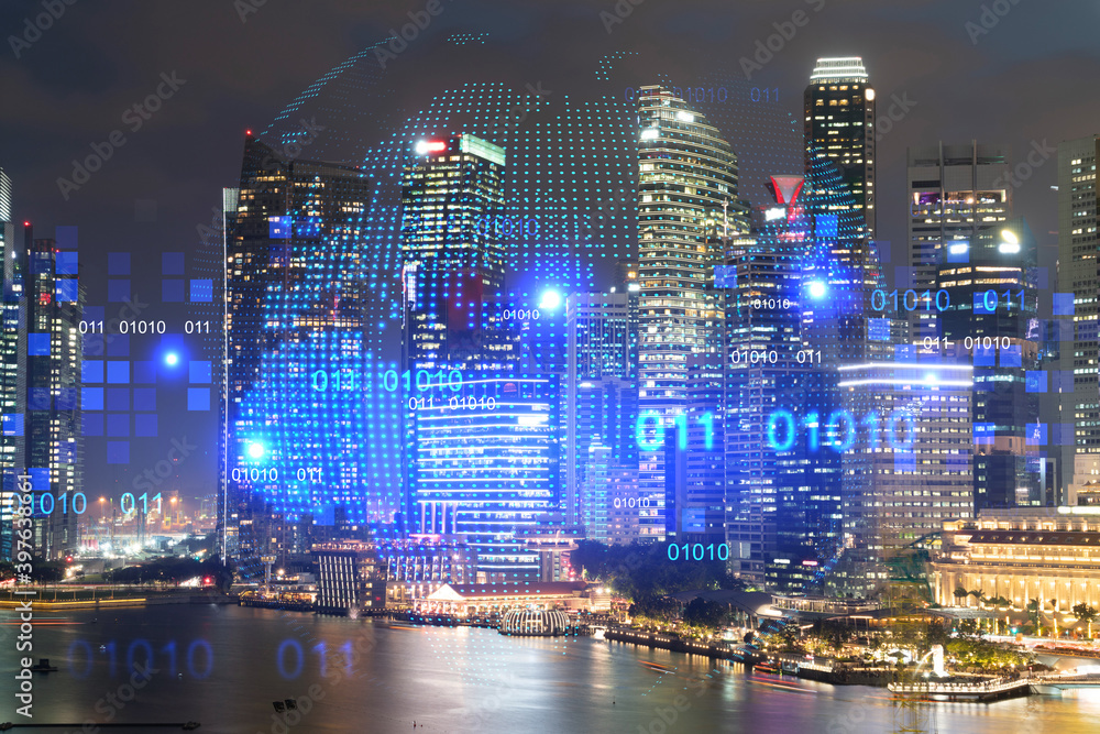 Fototapeta premium Hologram of Earth planet map on night panoramic cityscape of Singapore, Asia. The concept of international companies. Multi Exposure.