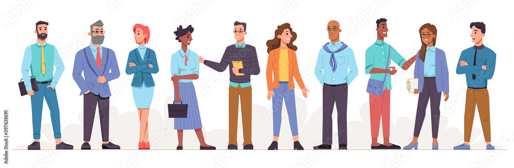 Multicultural employees or workers of company or organization. Multinational businessmen and businesswomen from different races and countries. Diversity and unity of people. Vector in flat style