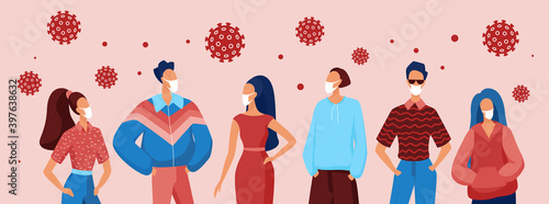 People wearing medical respiratory masks to prevent covid19 concept vector illustration. Cartoon crowd masked man woman characters protecting from viral infection, coronavirus protection background
