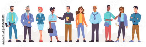 Multicultural employees or workers of company or organization. Multinational businessmen and businesswomen from different races and countries. Diversity and unity of people. Vector in flat style