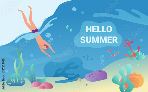 Hello summer concept vector illustration. Cartoon swimmer man character swimming in sea or ocean, exploring underwater sea bottom with fishes, corals, ship anchor. Summertime adventure background