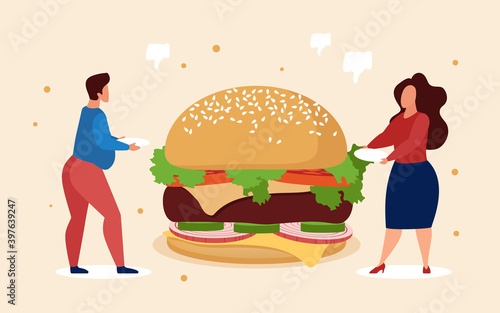 Fast food concept vector illustration. Cartoon fat people holding plates in hands, hungry overweight characters standing next to huge unhealthy burger to eat streetfood in cafe, junk meal background
