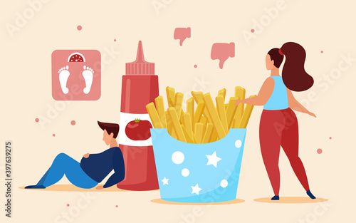 Fast food french fries, overeating concept vector illustration. Cartoon man woman characters eat too much unhealthy snack streetfood in cafe and become fat overweight. Junk meal nutrition background photo