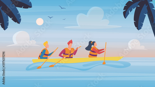 People in kayaking tour in tropical nature landscape vector illustration. Cartoon man woman characters, sitting in boat, traveling in kayak. Outdoor rafting, boating, summer adventures background