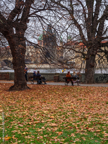 Kampa Island park with the view on Prague's Old Town in the autumn