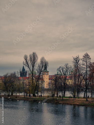 View on Prague's Old Town from across the Vltava River on an autumn evening