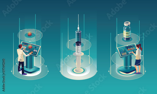 Medical team and scientist have discovered the COVID-19 vaccine, laboratory test, syringe, a vaccine vial, working on the test. vaccine development Ready for treatment illustration, vector flat design