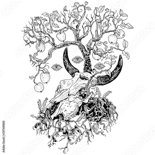 Apple tree grows out of a cow skull. Circle of life, death and rebirth. Folktale, mythology, bull, ox bones. Hand drawn ink pen vector illustration. T shirt print, tattoo design, poster.