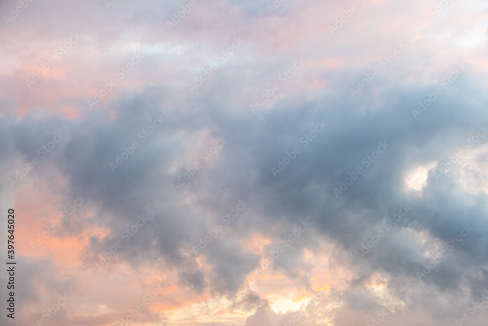 Panoramic view of pink clouds in sunset sky
