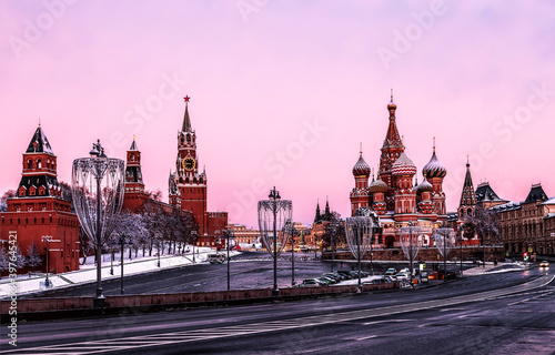 The morning views of the Moscow Kremlin and St. Basil's Cathedral with Moskvoretsky bridge. Russia
