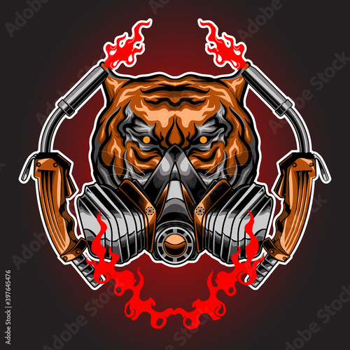 tiger head with welding equipment vector illustration